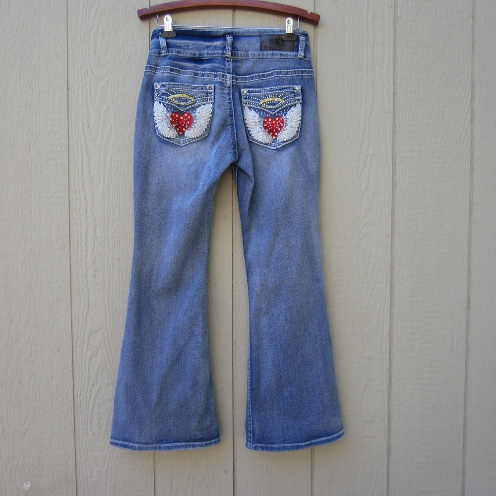 SKY Flare Jeans Blue Embroidered Rhinestone Heart Angel Distressed Denim Pockets